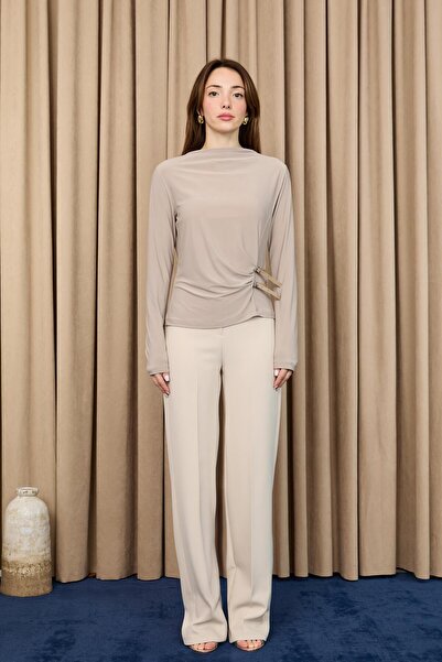 Loreen Women's Belt Detailed Blouse -20721Blz - Beige