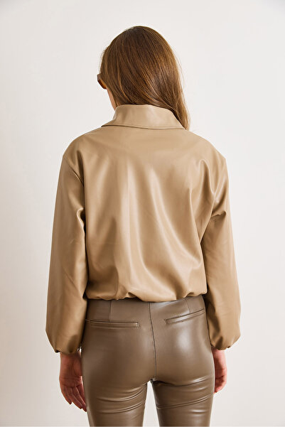 Olalook Women's Beige Lined Pocket Faux Leather Bomber Jacket Ckt-19000499