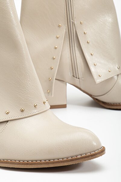Hayalimdeki Ayakkabı Women's Pointed Toe Beige Leather Detailed Heeled Boots