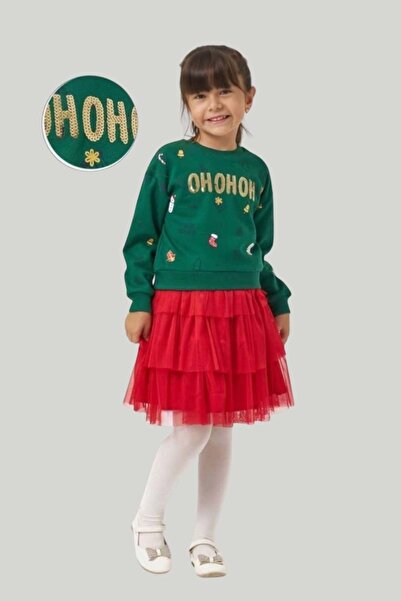 wakawakakidsstore Green'Ohohoh' Printed Girl's Set with Red Tulle Skirt