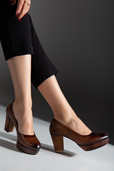 ALPELLİByAlp Women's Tan Genuine Leather Premium Design Low-Cut Low Platform Heeled Shoes