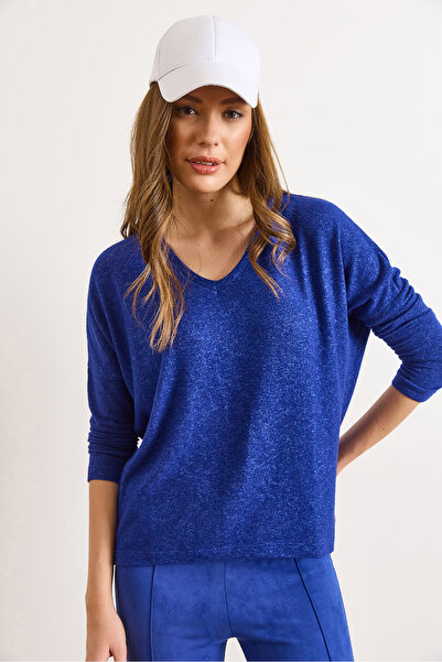 Olalook Women's Cobalt Blue V-Neck Basic Winter Soft Blouse Blz-19003179
