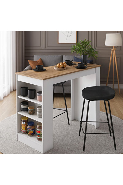 BEEVOLİ Bar Masası 3 Raflı Yüksek Mutfak Yemek Masası, Sepet, Ceviz – Beyaz, ...
