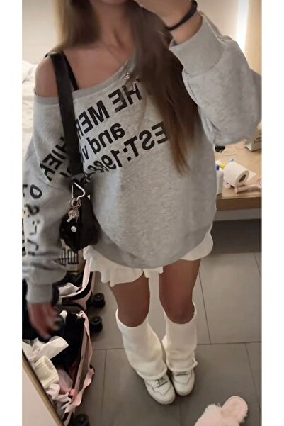 İsra Ayyıldız Moonstar Collection Gri Melanj The Mershier Omuz Dekolteli Y2K Uzun Sweatshirt