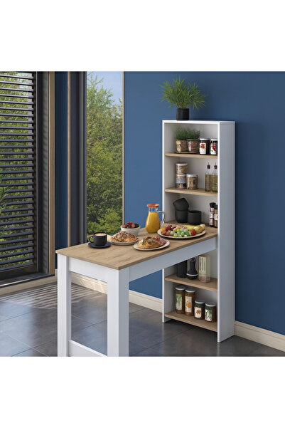 BEEVOLİ Masa Raflı Dekoratif Mutfak Yemek Masası,Sepet Ceviz – Beyaz, 1. Sını...