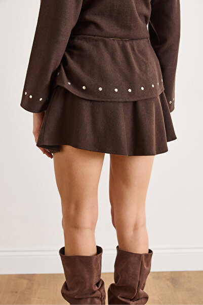 Olalook Women's Brown Staple Detailed Mini Winter Skirt with Shorts Etk-19000373