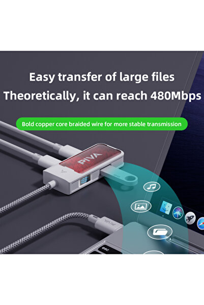 piva وصلة G41 تايب سي 4 في 1 شحن سريع 60 واط USB2.0 وصوت DAC 32 بت مع شاشة طاقة ودعم كل الأجهزة.
