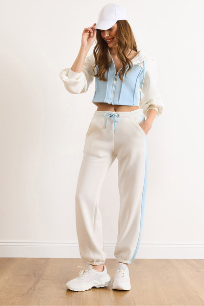 Olalook Women's Baby Blue Color Detailed Fleece-Lined Thick Winter Tracksuit Set Etkm-0000073