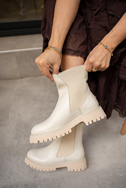 LAMİNTA Audrey Ecru Leather Women's Elastic Genuine Leather Boots