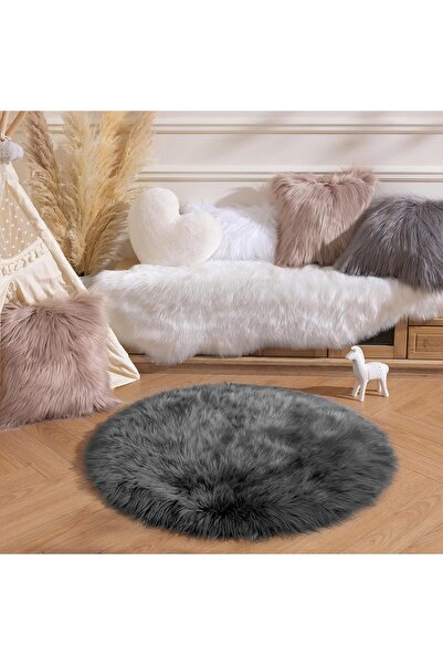 Faria Fluffy Round Rug, Diameter 90cm, Faux Fur, Non-Slip Base, for Living Room and Children's Room, Gray