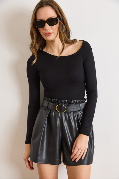 Olalook Women's Black Asymmetrical Neckline Very Soft Textured Stretchy Bodysuit Bdy-00000067