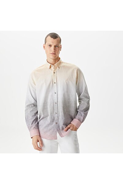 Nautica Men's Beige Classic Fit Long Sleeve Color Block Shirt