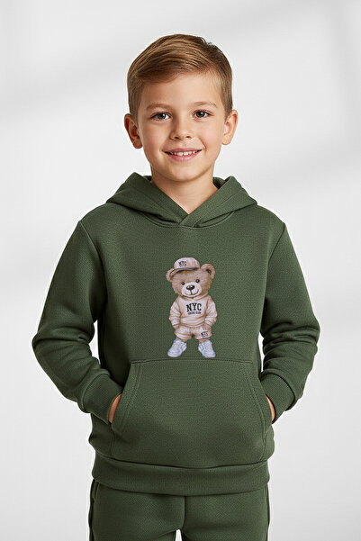 kinderos Hooded Teddy Bear Printed Thick Children's Sweatshirt - 26K 1629