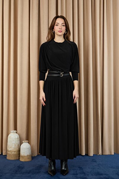 Puane Women's Drape Collar Belted Long Dress -12659Elb - Black