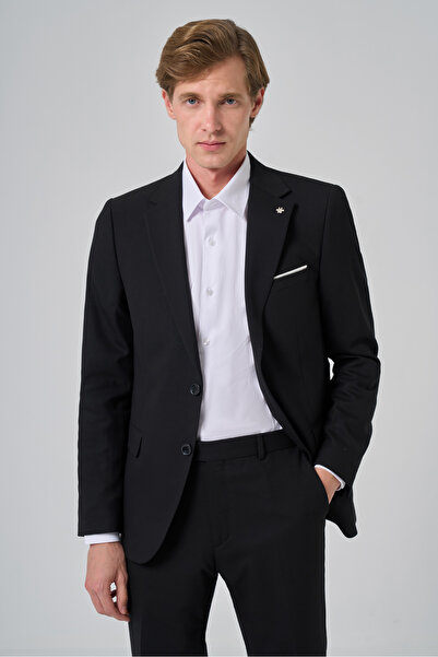 Morven Men's Black Wool Slim Fit Mono Collar Suit