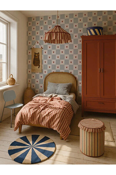 Tasarım Mavi Beyaz Dama Desen Minik Kalpler Bebek & Çocuk Odası Duvar Kağıdı