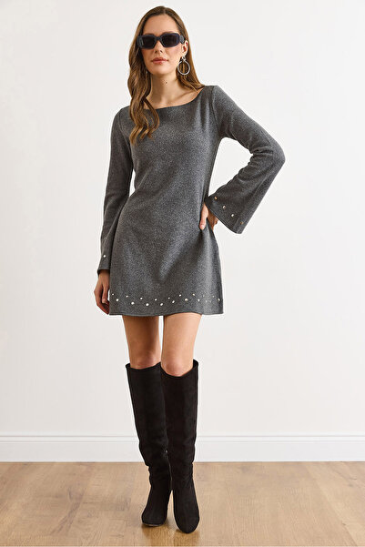 Olalook Women's Smoked Staple Detailed Wide Collar Bell Cut Winter Thessaloniki Dress Elb-19002570