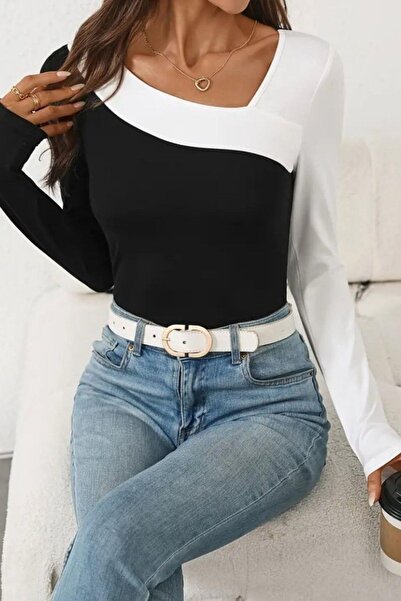 Mossta Geometric Collar Double Color Viscose Blouse - Black