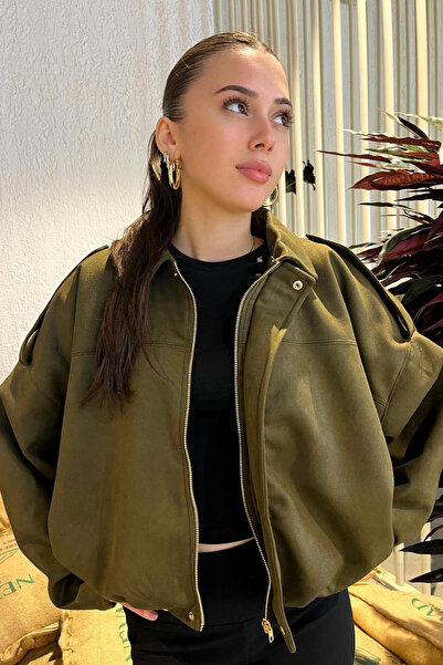 Rich Women's Khaki Oversized Suede Bomber Jacket