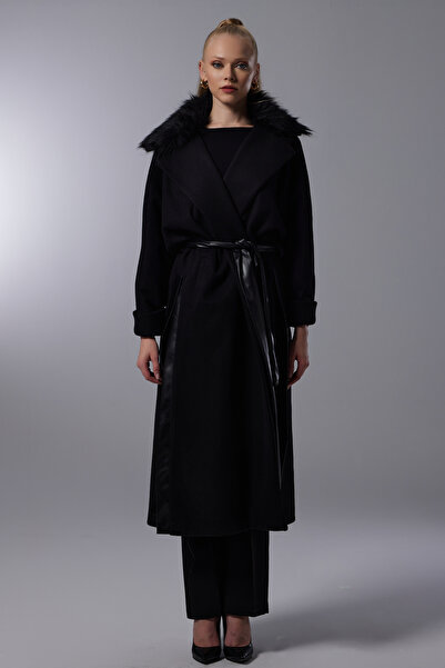 Lila Rose Kürk Yakalı Deri Kuşaklı Kaşe Kaban