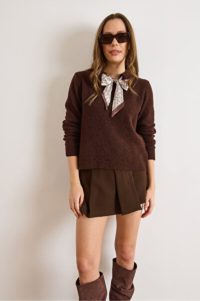 Olalook Women's Brown Scarf Detailed Soft Textured Long Sleeve Knit Sweater Kzk-19001085