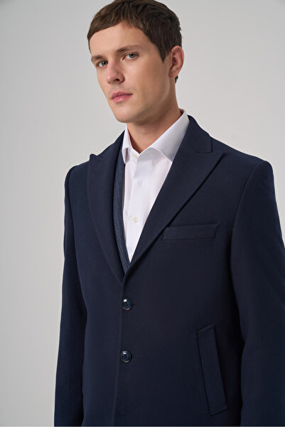 Morven Men's Navy Blue Plain Pointed Collar Dynamic Fit Coat