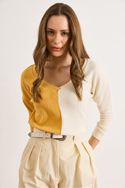 Olalook Women's Mustard Ecru Blocky Fleece-Lined Casual Blouse Blz-19002519