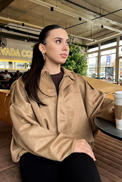 Rich Women's Milk Coffee Oversized Suede Bomber Jacket