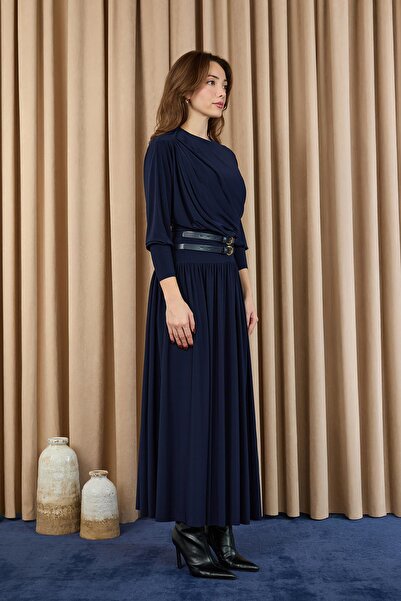 Puane Women's Drape Collar Belted Long Dress -12659Elb - Navy
