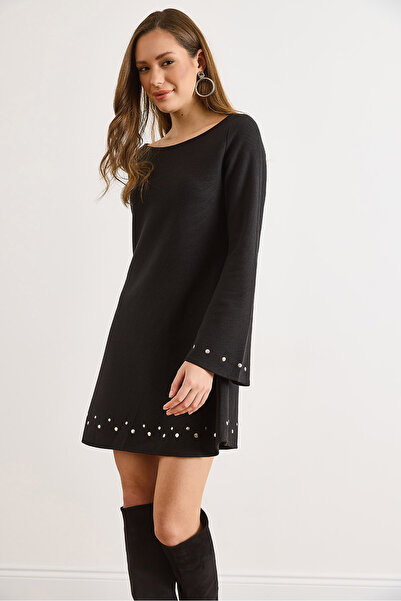 Olalook Women's Black Staple Detailed Wide Neck Bell Cut Winter Thessaloniki Dress Elb-19002570