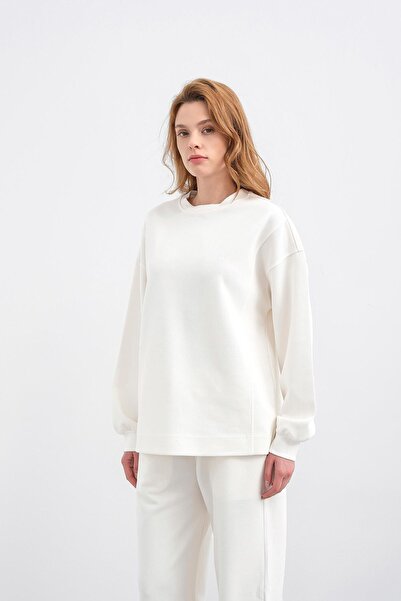 Basicpark Ecru Women's Oversized Pique Textured Wide Leg Top and Bottom Set