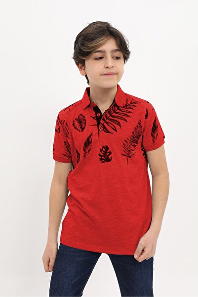 Toontoy Boy's Printed Polo Neck Buttoned Short Sleeve T-Shirt