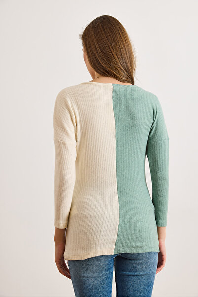 Olalook Women's Çağla Green Ecru Blocky Fleece-Lined Casual Blouse Blz-19002519