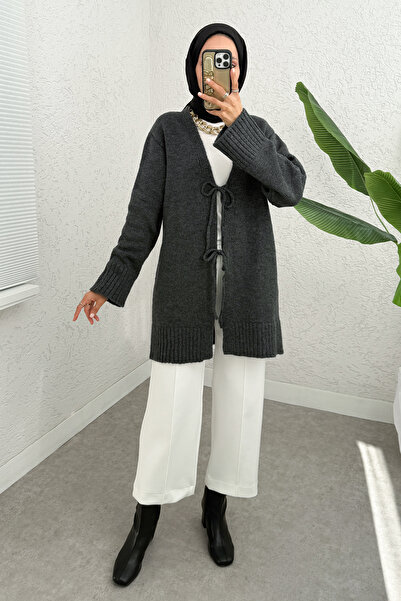 Salih Çelebi Double Tie Flat Cut Knitwear Cardigan 07307 - Anthracite
