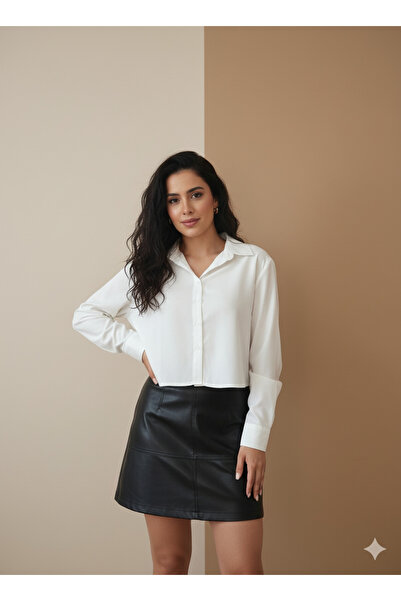 moda liberty Kadın Oversize Kesim Uzun Kollu Basic Beyaz Gömlek