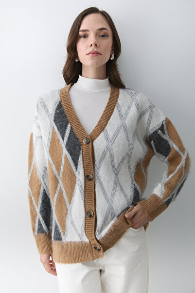 Laluvia Camel Bone Baklava Patterned Cardigan - 251090