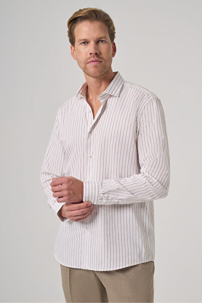 Morven Men's Beige Cotton Trend Striped Slim Fit Half Italian Collar Shirt