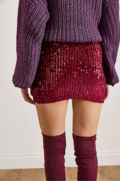 Olalook Women's Burgundy Elastic-Waist Sequin Mini Skirt ETK-19000372