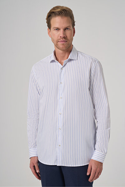 Morven Men's A. Blue Cotton Trend Striped S Slim Fit Half Italian Collar Shirt