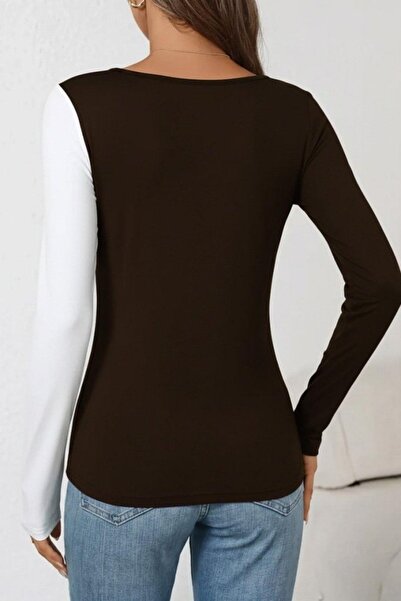 Mossta Geometric Collar Double Color Viscose Blouse - Brown