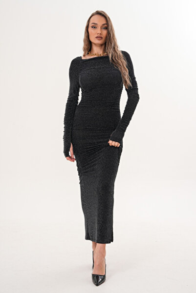 MILANOFOX Rochie maxi cu mâneci lungi cu guler Madonna din țesătură argintie Buzy cu fantă