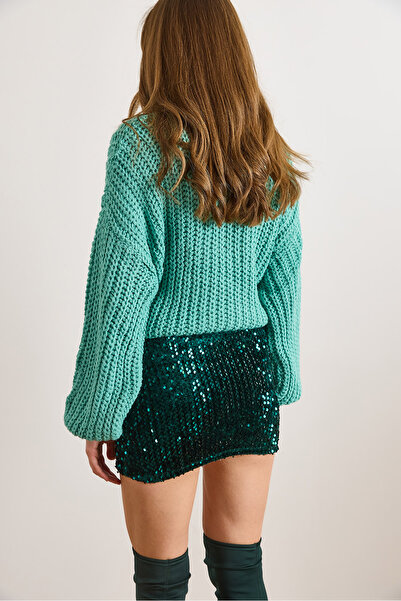 Olalook Women's Emerald Green Elastic Waist Mini Skirt with Sequins ETK-19000372