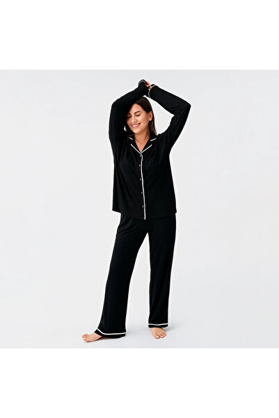 Penelope Snug Long Sleeve Oversized Stretchy Viscose Pajama Set - Blacks