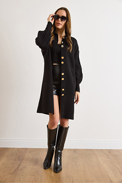 Olalook Women's Black Button Detailed Coat Cardigan Hrk-19000445