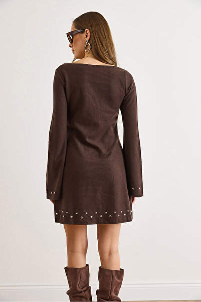 Olalook Women's Brown Staple Detailed Wide Neck Bell Cut Winter Thessaloniki Dress Elb-19002570