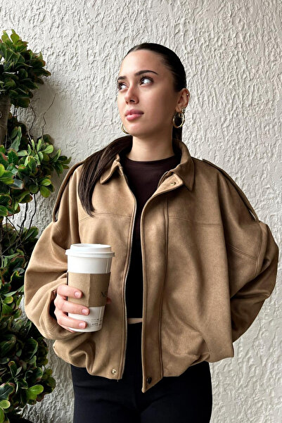 Rich Women's Milk Coffee Oversized Suede Bomber Jacket