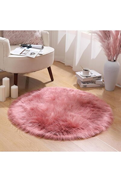 Faria Covor rotund pufos, diametru 90 cm, blană artificială, bază antiderapantă, pentru living și camera copiilor, roz