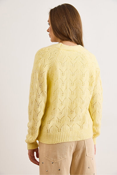 Olalook Women's Light Yellow Lace-Like Knit Soft Textured Knitwear Cardigan Hrk-19000444