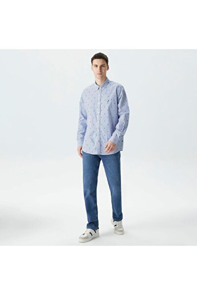 Nautica Men's Blue Classic Fit Long Sleeve Patterned Shirt
