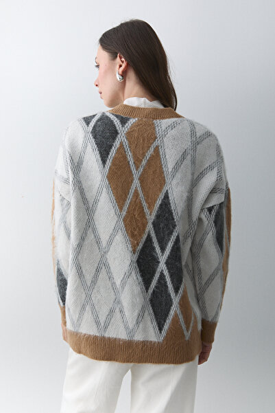 Laluvia Camel Bone Baklava Patterned Cardigan - 251090